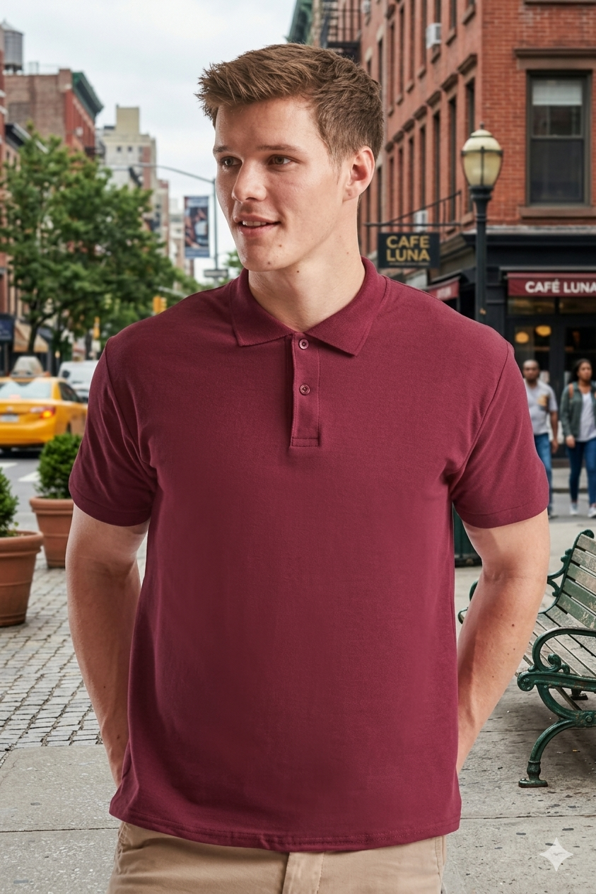 Un uomo con una polo color bordeaux cammina su un marciapiede cittadino, con edifici e vetrine alle sue spalle.