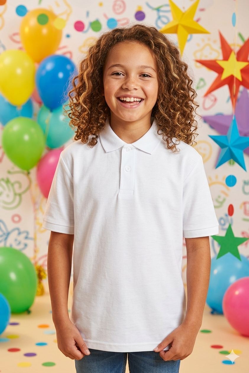 Bambino sorridente con una polo bianca in piedi davanti a palloncini colorati e decorazioni a forma di stella