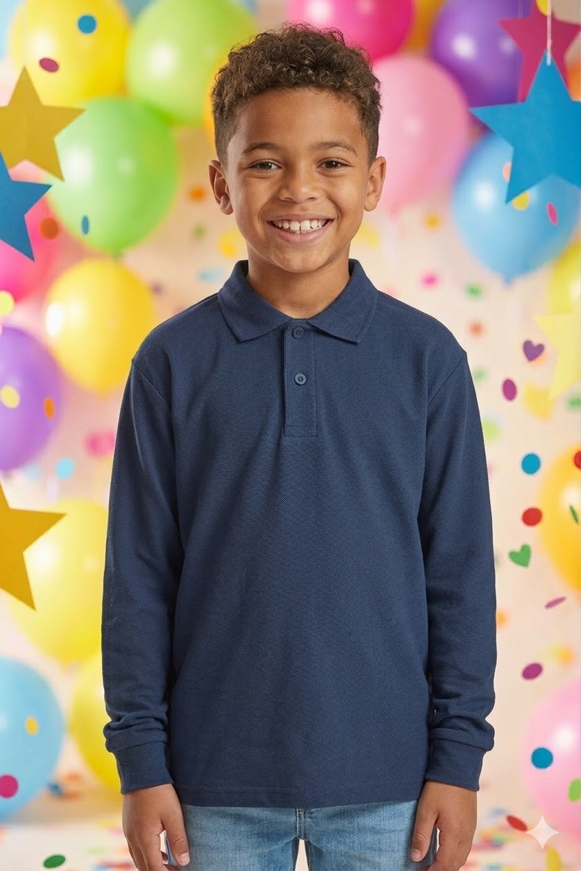 Bambino sorridente con una maglietta blu scuro in piedi davanti a uno sfondo colorato di palloncini e stelle.