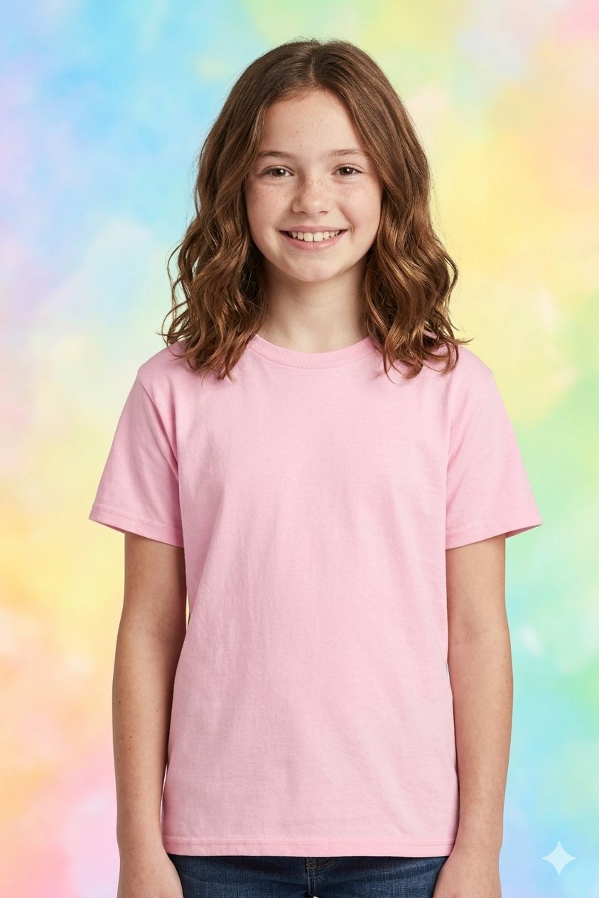 Bambino sorridente con una maglietta rosa su uno sfondo arcobaleno dai colori pastello.