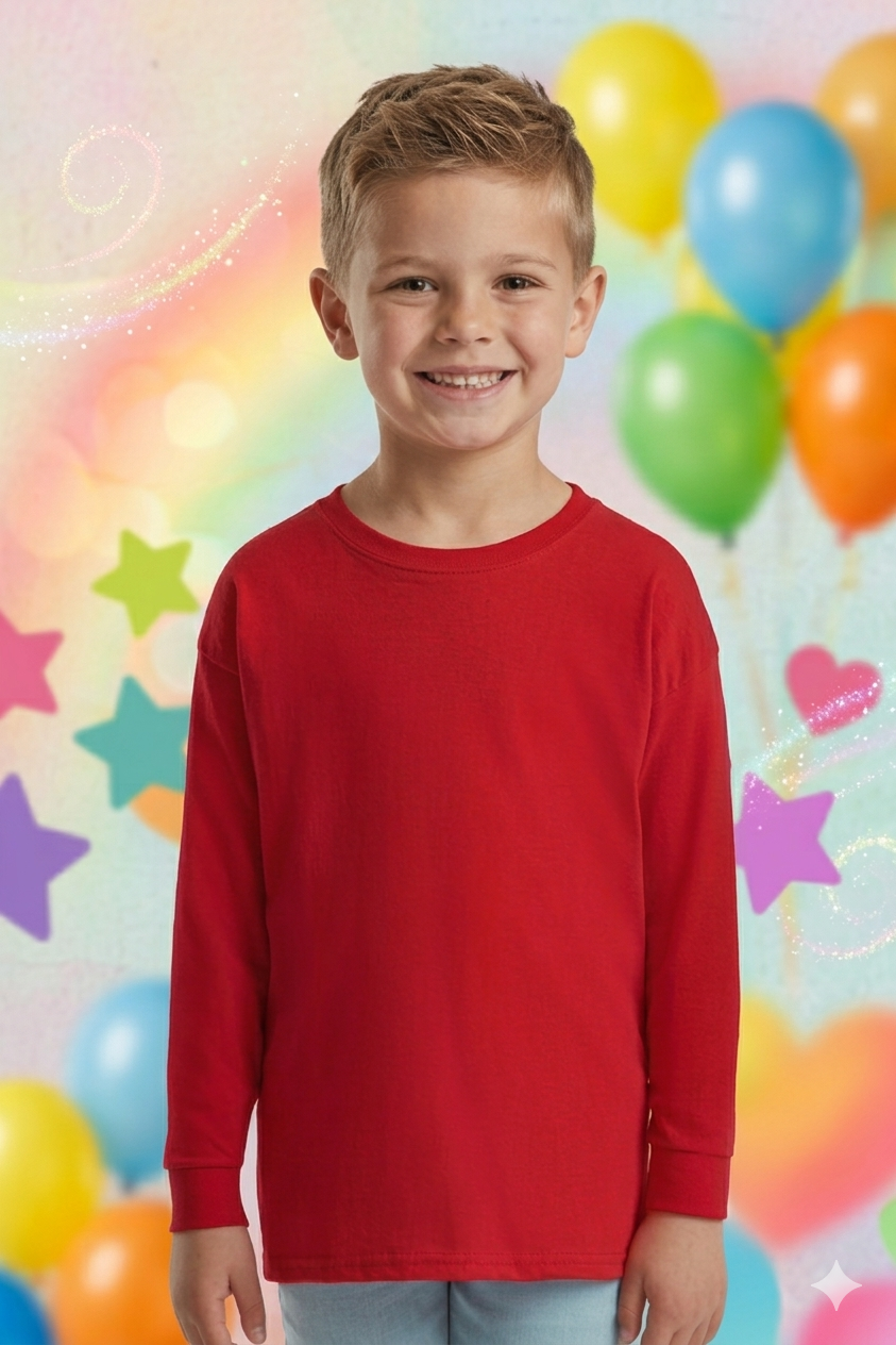 Bambino sorridente con una maglietta rossa sullo sfondo di palloncini colorati e arcobaleni.