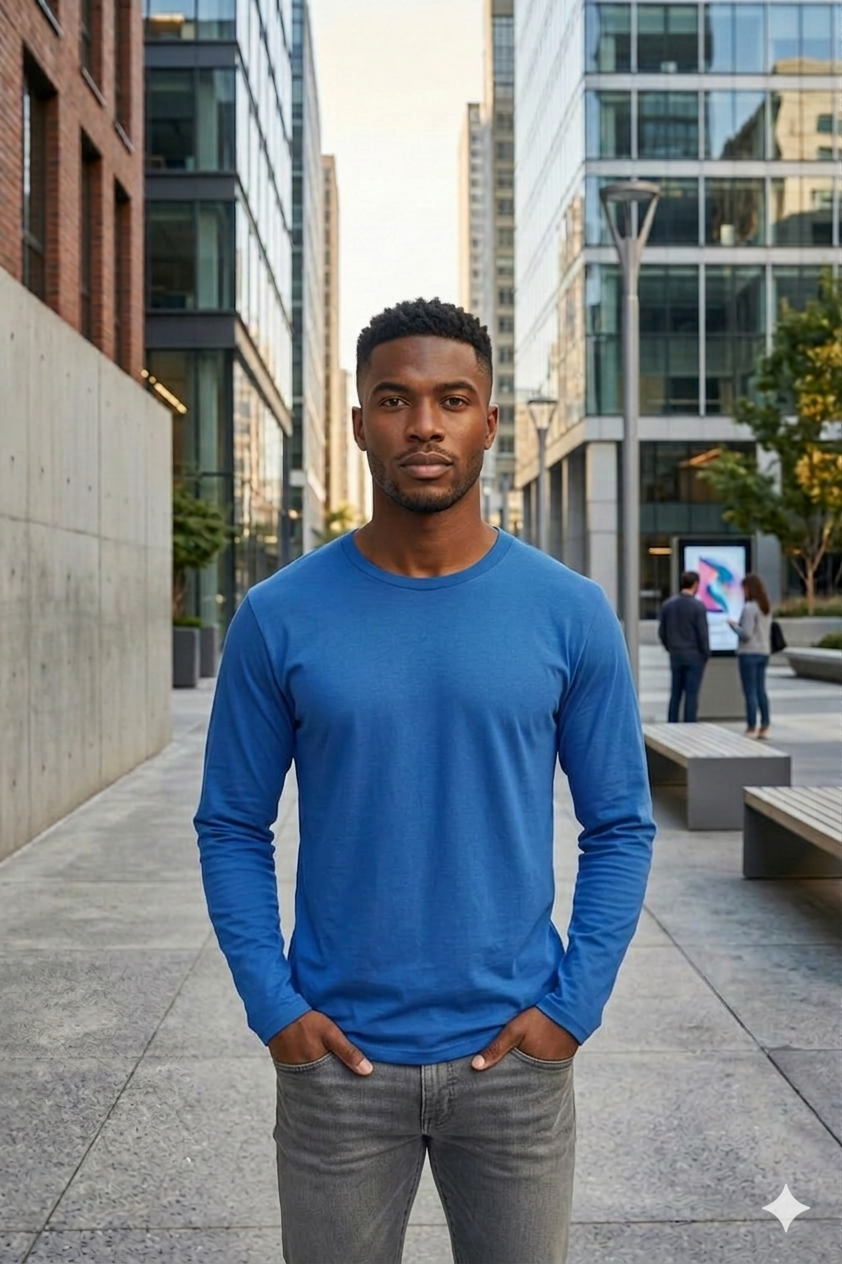 Un uomo con una camicia blu è in piedi su una passerella cittadina tra edifici moderni.