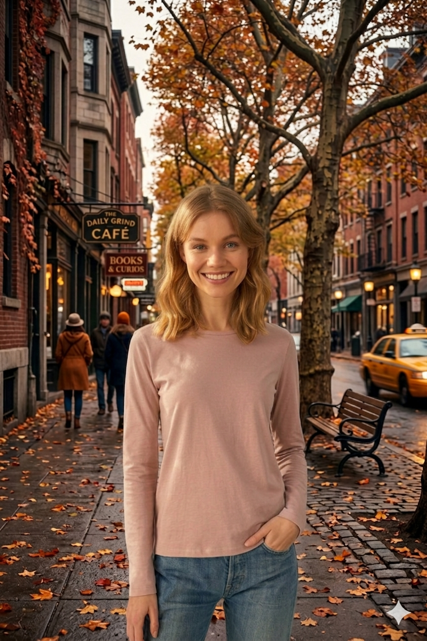 Una donna sorridente con un maglione rosa si trova in piedi su una strada autunnale piovosa, fiancheggiata da caffè e foglie cadute.