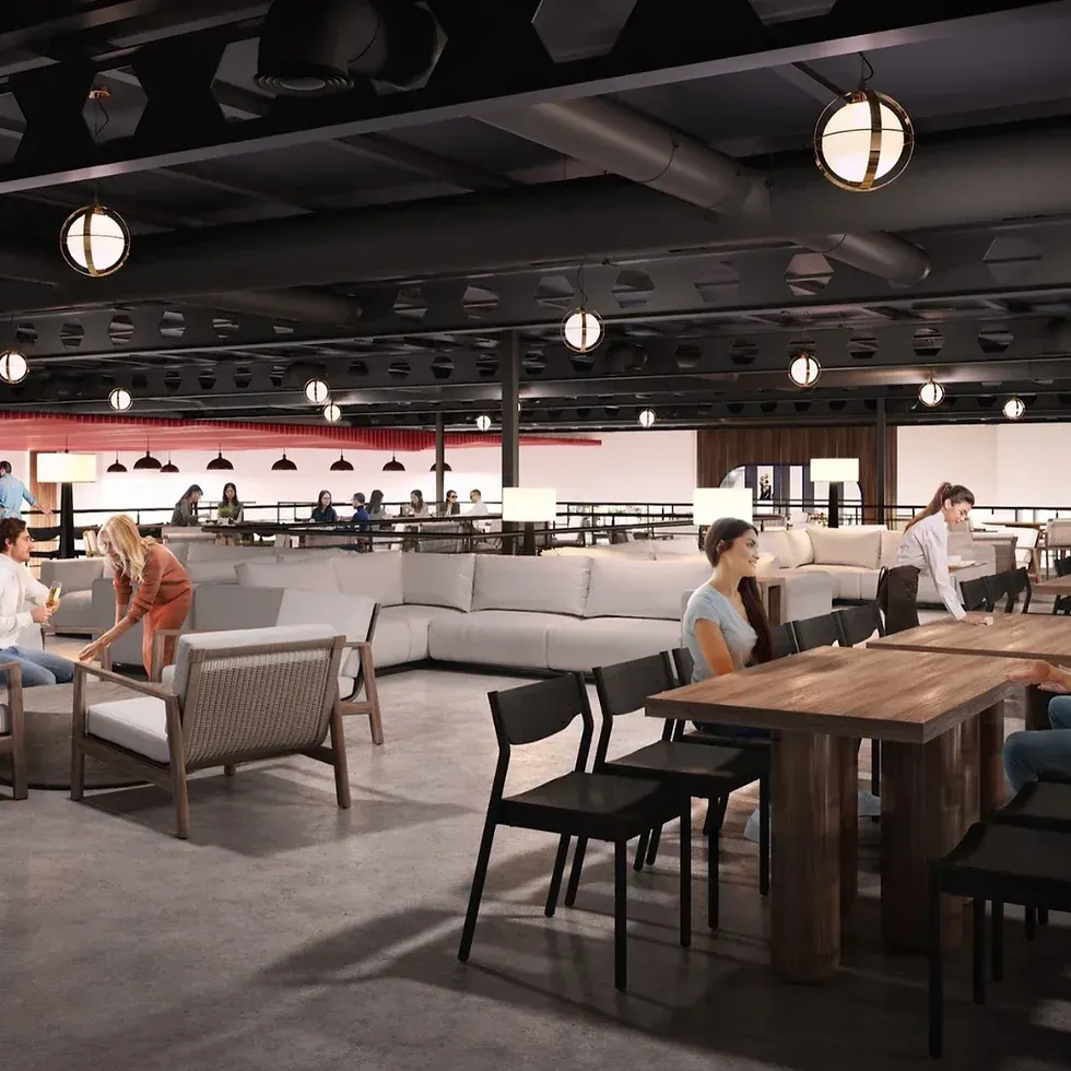 Modern, open-plan co-working space with seating areas, tables, and people working. Industrial design with dim lighting.