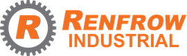 Logo of Renfrew Industrial, orange text and the letter 
