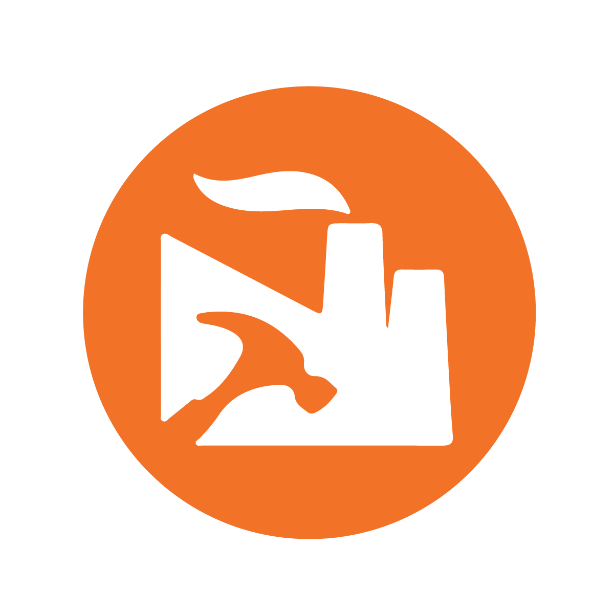 White factory with hammer inside orange circle.