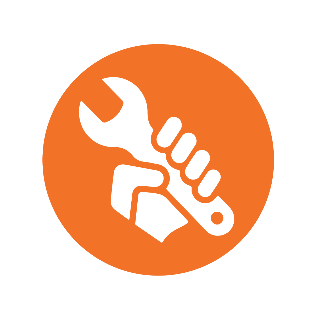 White hand holding a wrench in orange circle.