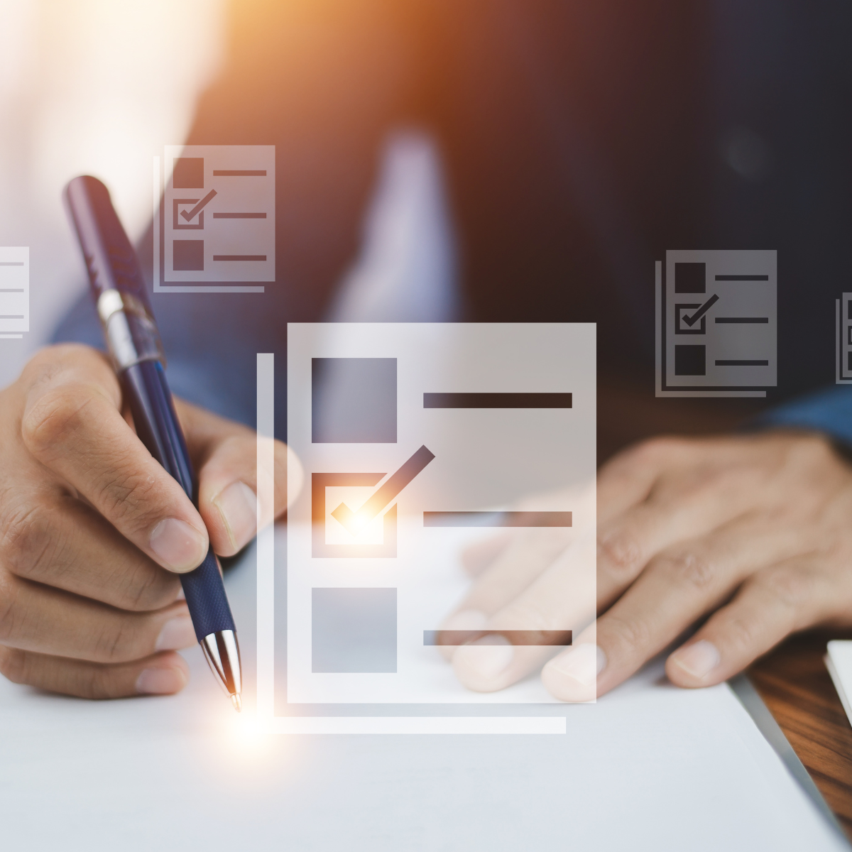 Person writing on a document, with checklist symbols overlaid.