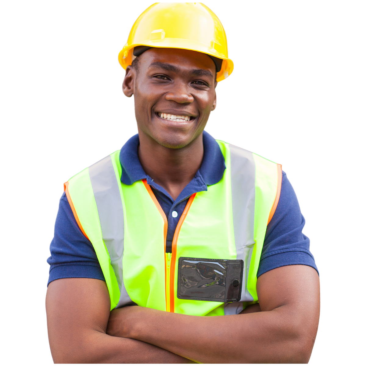 Smiling construction worker with arms crossed, wearing yellow hard hat and safety vest.