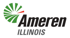 Ameren Illinois logo with green sunburst icon and black and gray text