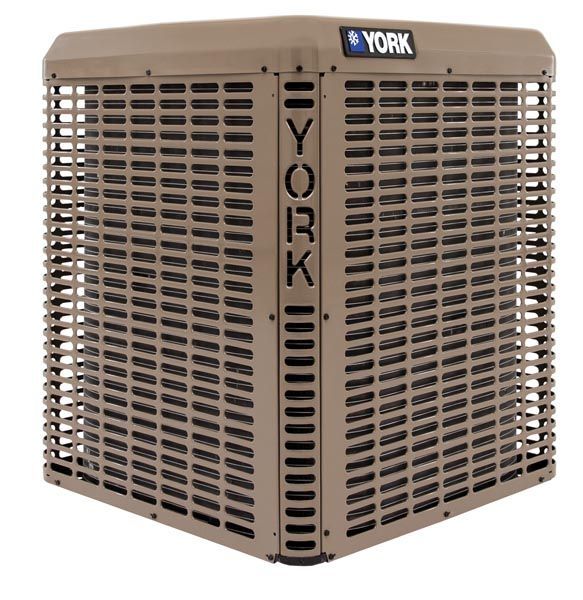 Beige YORK outdoor air conditioner unit with vented metal panels and logo on top