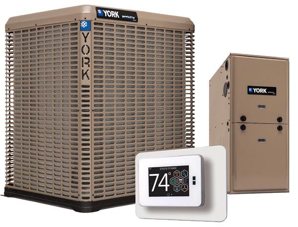 York HVAC system with outdoor unit, indoor cabinet, and thermostat showing 74°