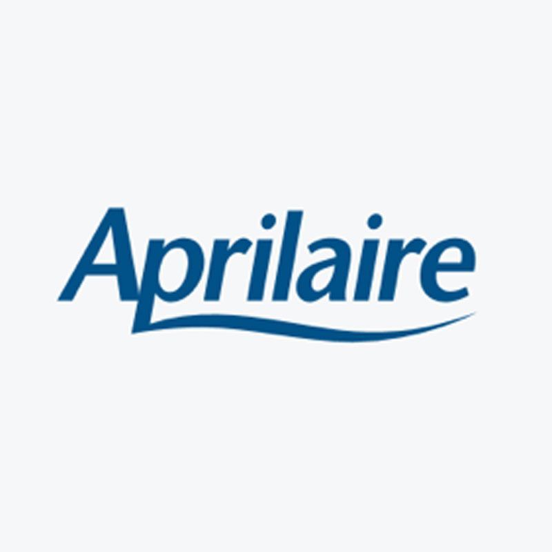 Aprilaire logo in blue text with a wavy underline on a white background