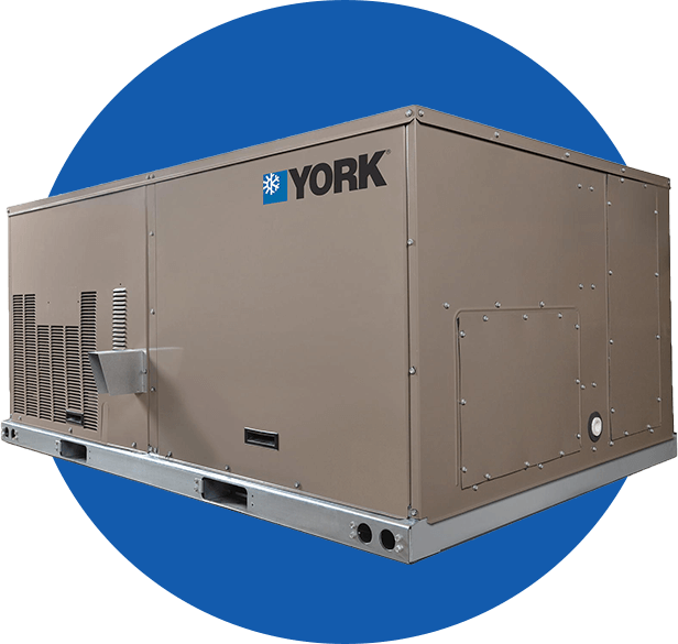 York rooftop HVAC unit in tan metal with blue logo on a blue background