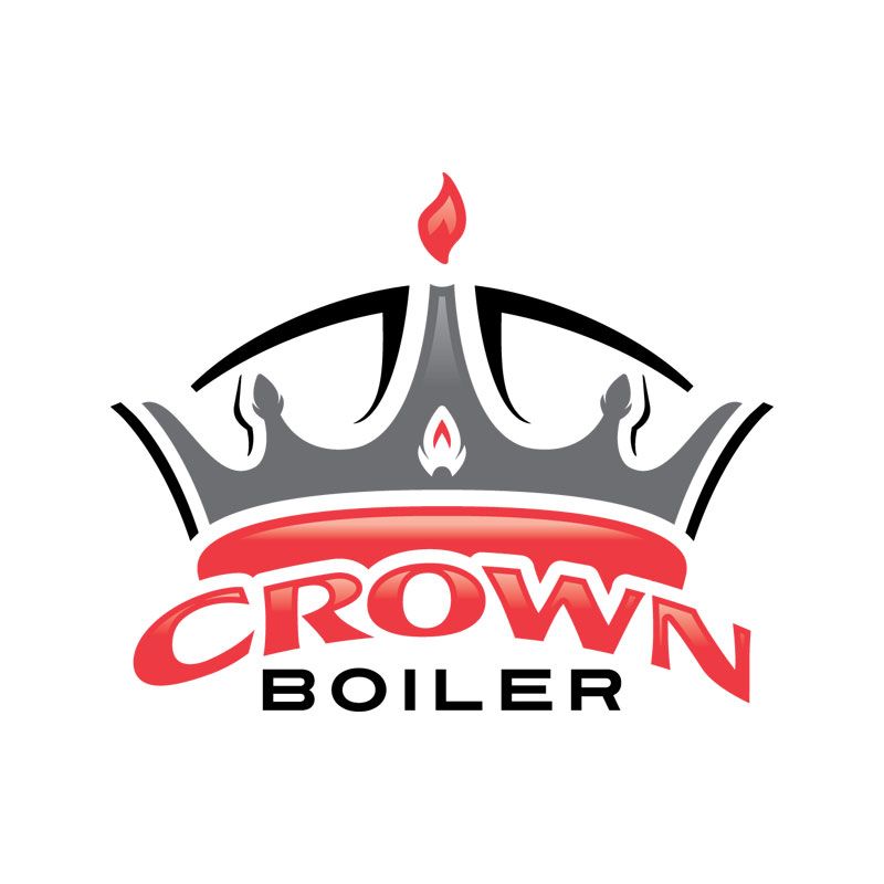 Crown Boiler logo with gray crown and red flame above red and black text