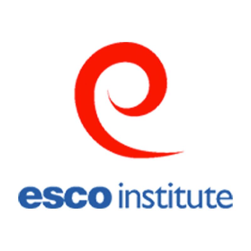 Esco Institute logo with red swirl icon and blue text on white background