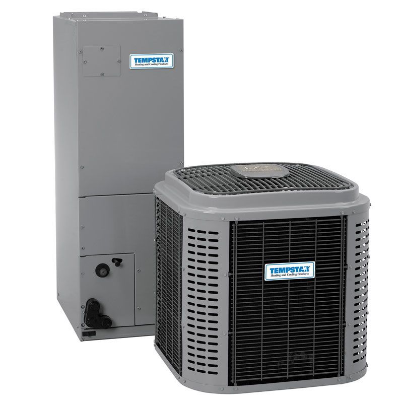 Gray Trane HVAC outdoor unit beside a matching indoor furnace cabinet on a white background