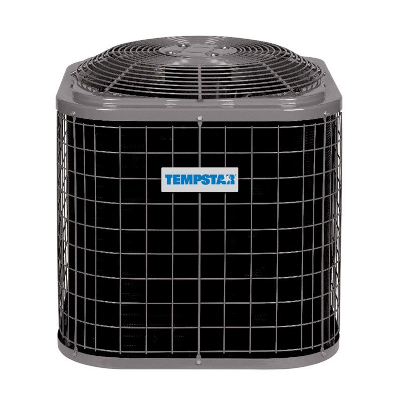 Black Tempstar outdoor air conditioner unit with a top fan grille