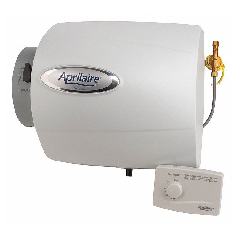 Aprilaire whole-house humidifier with attached control dial on a white background