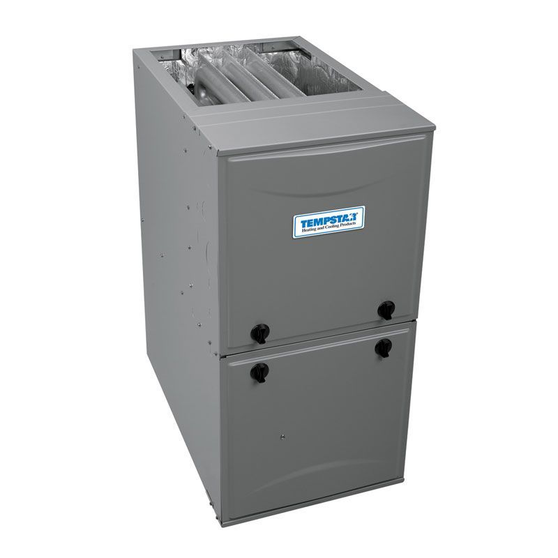 Gray metal HVAC furnace cabinet with open top vents and a white logo label on the front
