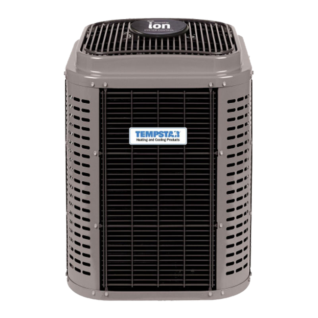 Gray Ion Tempstar air conditioner outdoor unit with black grille and front vent