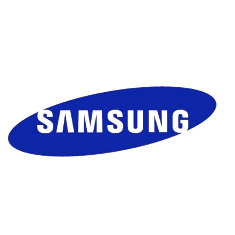 Samsung logo in white on a blue oval background