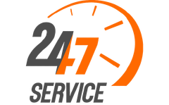 247 Service logo with gray and orange text and a partial orange clock graphic