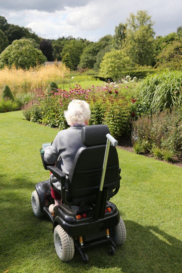 An Elderly Woman Is Sitting in A Mobility Scooter in A Garden — Toukley World of Bikes In Toukley, NSW