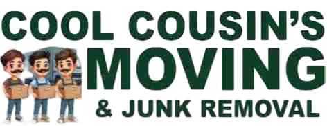 Logo for Cool Cousin&rsquo;s Moving & Junk Removal with cartoon movers and green text