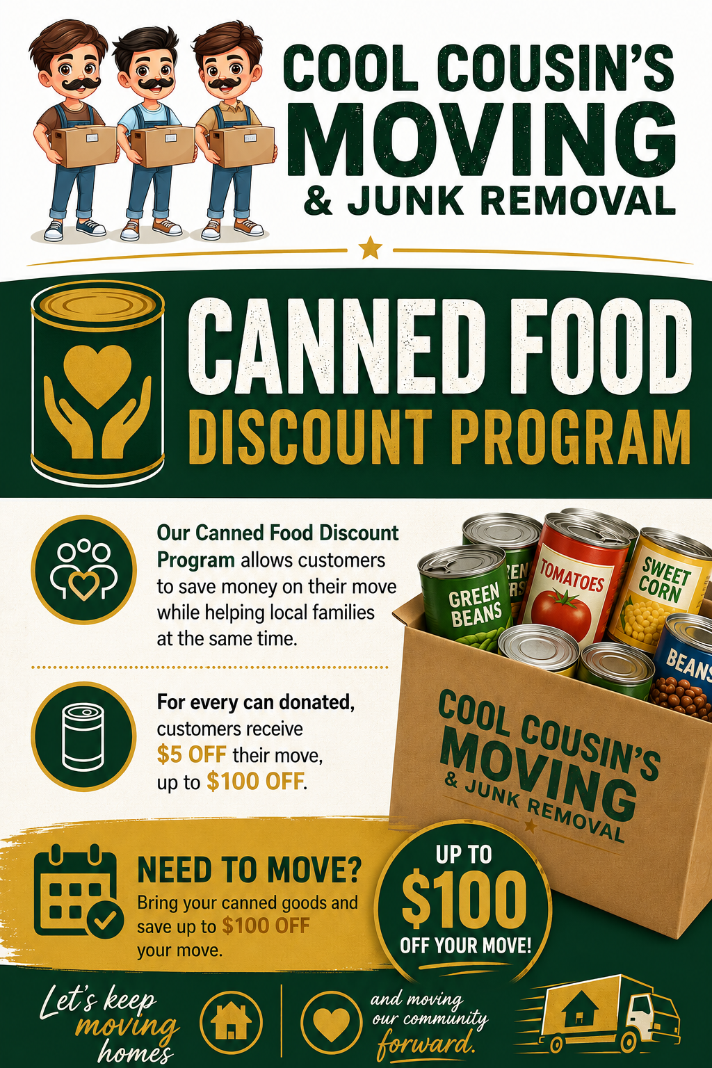 Cool Cousin’s Moving & Junk Removal canned food discount ad with green boxes and food cans