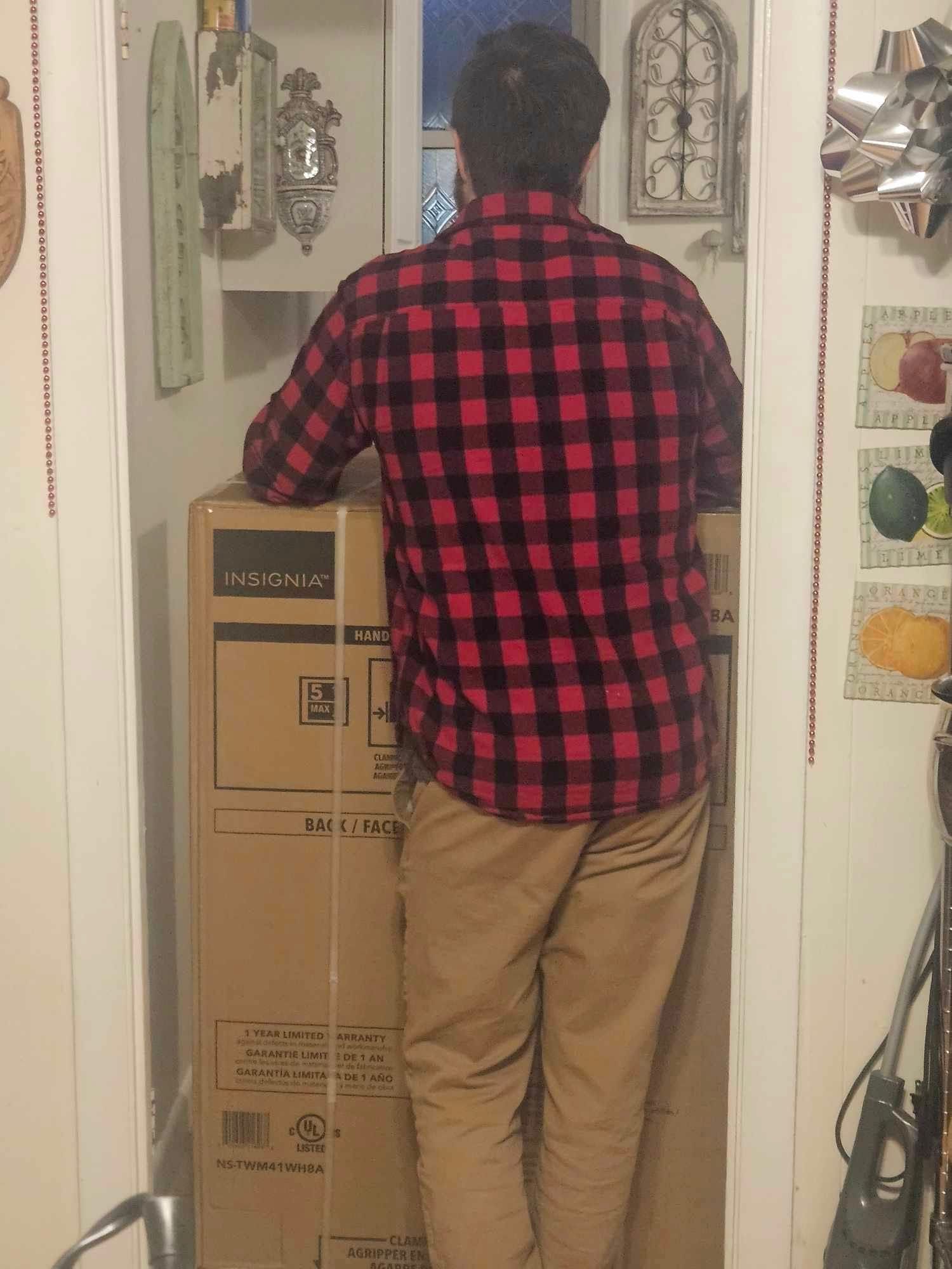 Person in a red plaid shirt stands facing a wall in a room with framed art and stacked cardboard boxes.