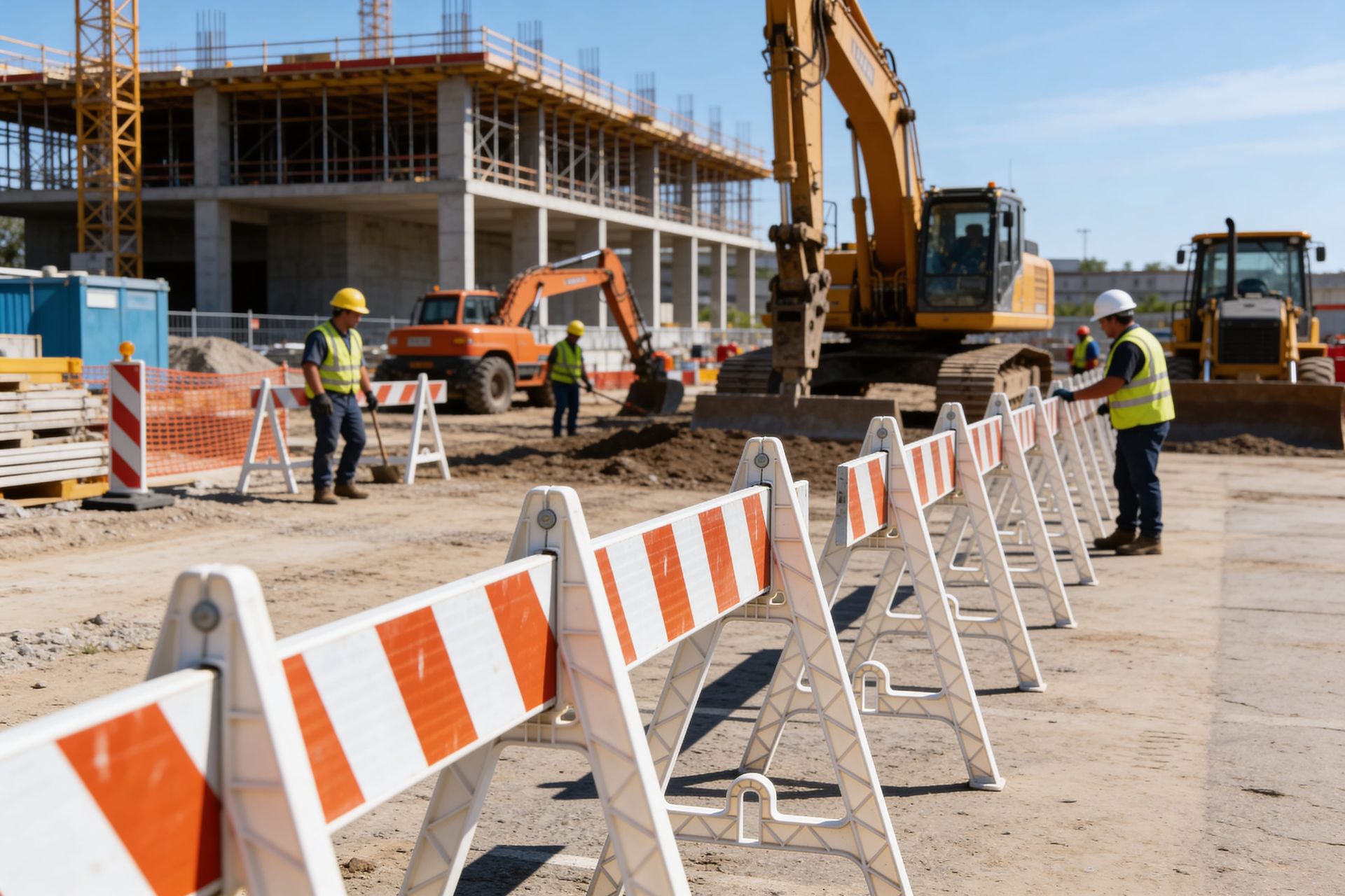 Construction site with workers, excavator, and orange-and-white barriers near a building under construction