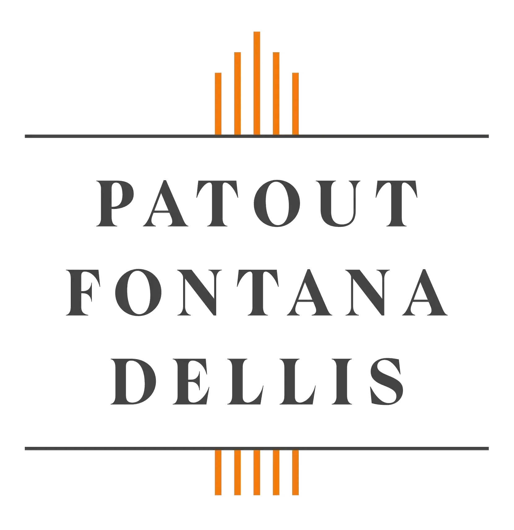 Patout Fontana Dellis logo with black serif text and orange vertical bars