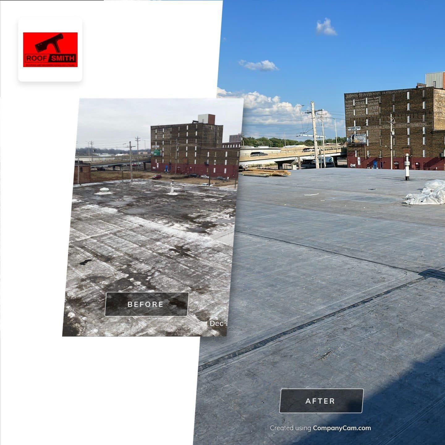 Before-and-after view of a snow-covered parking lot cleared to wet concrete under a blue sky.