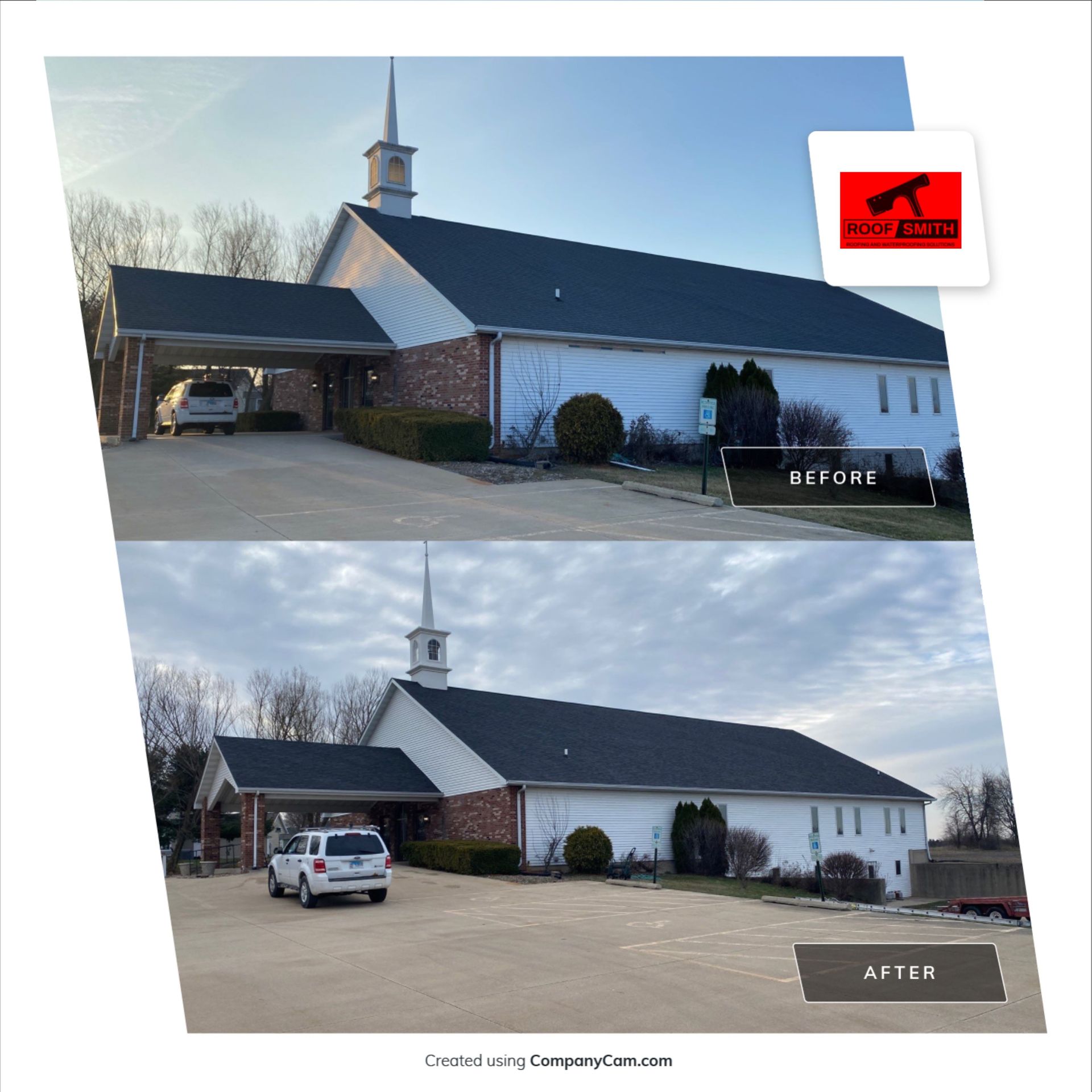 Church building before-and-after exterior view, white siding and dark roof, with a car in front
