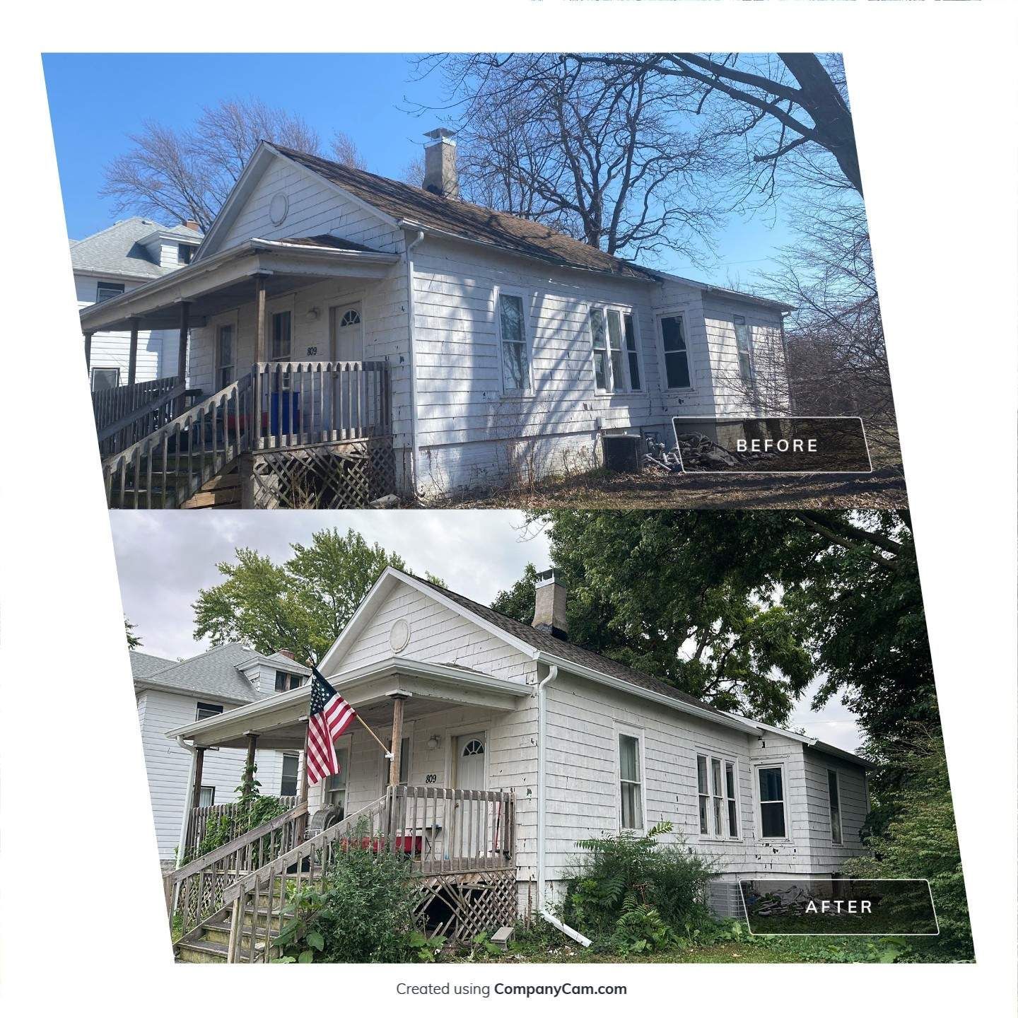 Two photos of a white house with a porch and windows, one before and one after renovation.