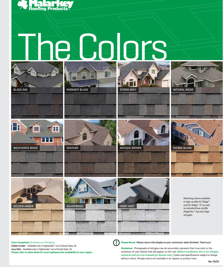 Hagerty Roofing Products brochure cover titled “The Colors” with roof color samples and house photos on green background