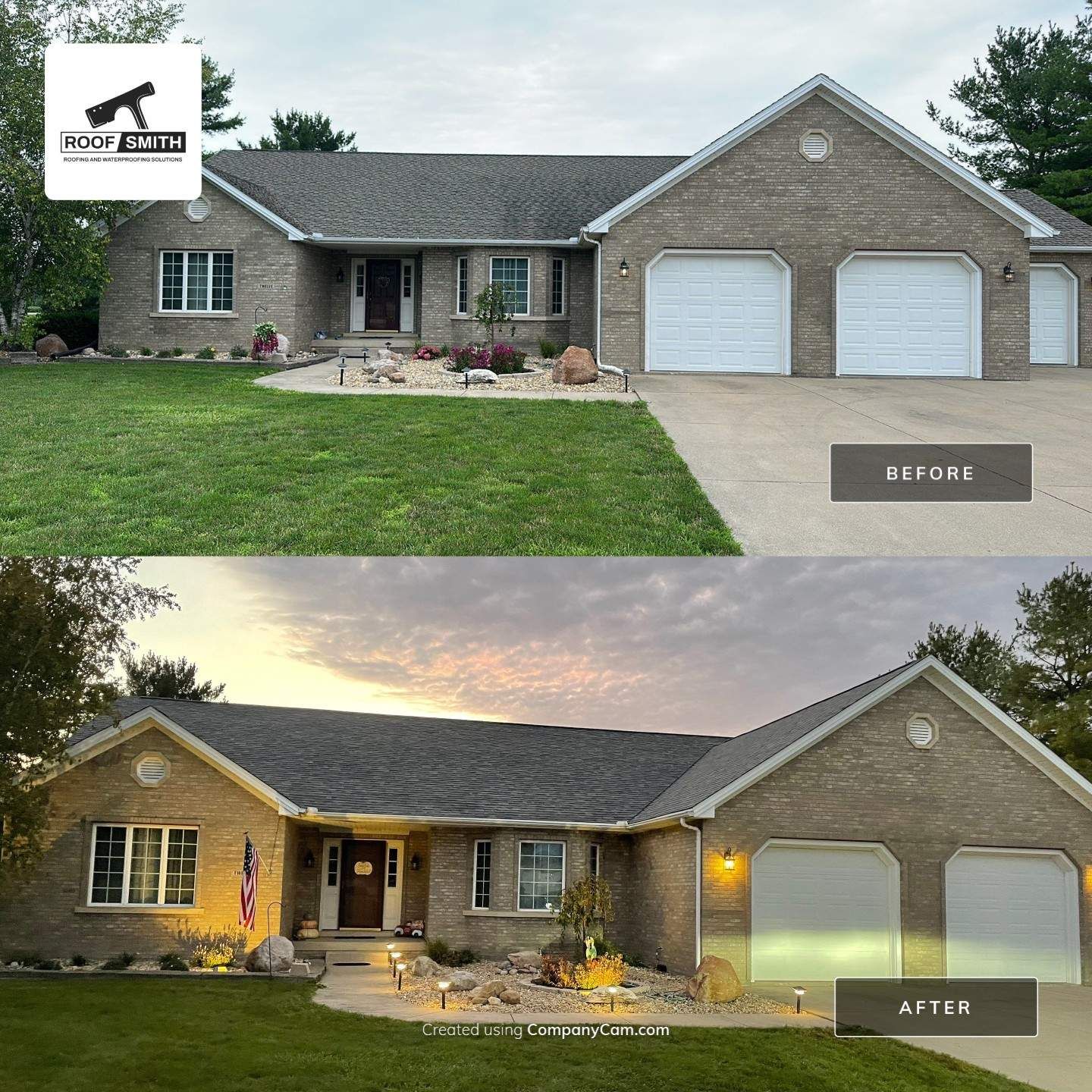 Before-and-after exterior of a brick ranch house with updated landscaping and evening lighting.