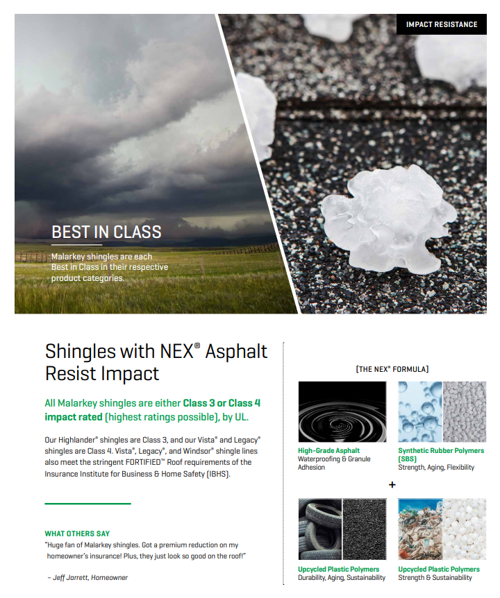 Ad for NEX asphalt shingles, showing storm clouds, shingle texture, and product samples with “Best in Class” text