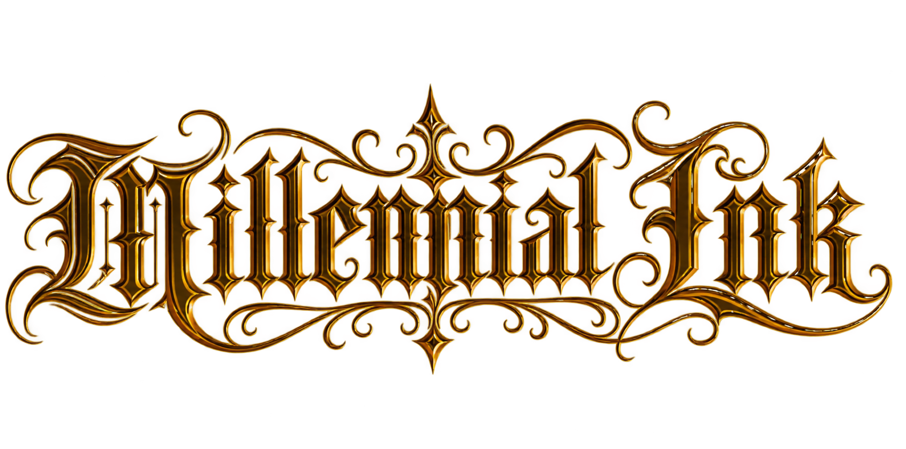 Ornate blackletter-style gold logo reading “Millennial Ink” on a white background