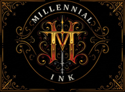 Decorative gold and red Millennial Ink logo with ornate monogram on a black background