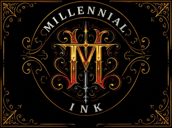 Decorative gold and red Millennial Ink logo with ornate monogram on a black background