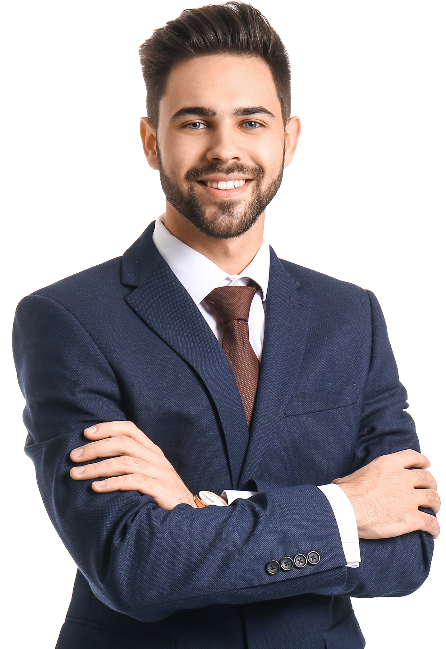 A man in a suit and tie is standing with his arms crossed.