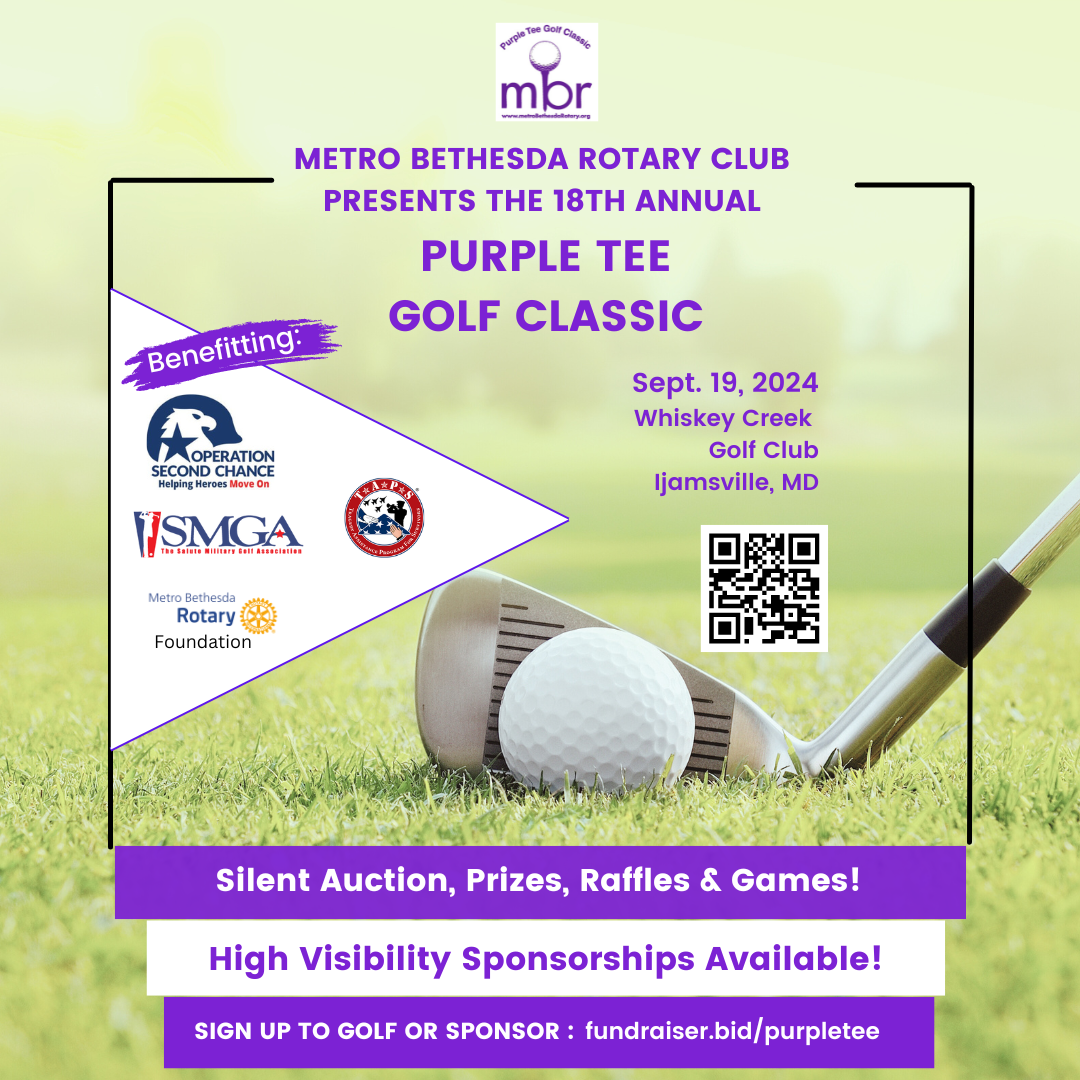 Advertisement for the Metro Bethesda Rotary Club's Purple Tee Golf Classic on Sept. 19, 2024, at Whiskey Creek Golf Club.