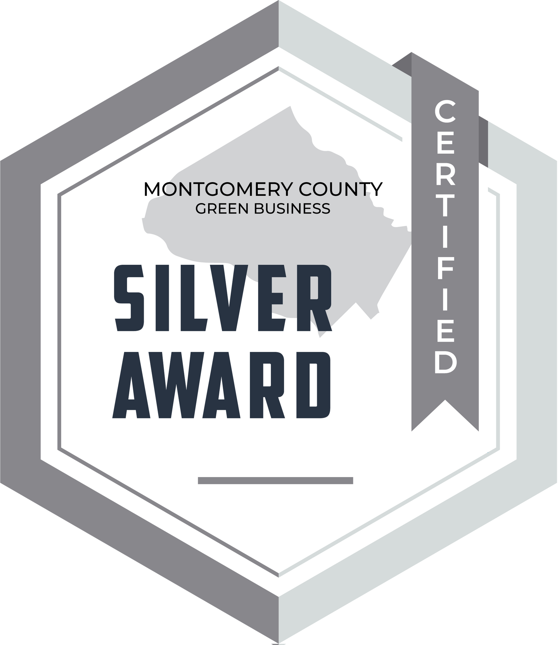 Montgomery County Green Business Silver Award certificate. Gray and white hexagon shape with 
