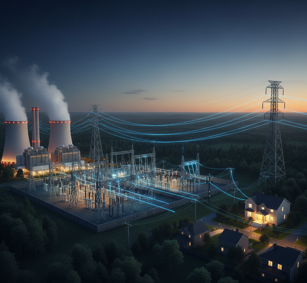A power plant at dusk, with smoke stacks, transmission towers, and illuminated substations providing electricity.