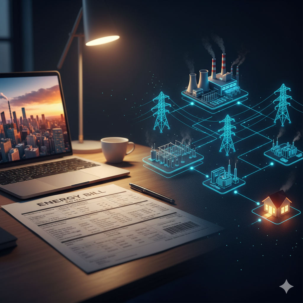 Laptop, document, coffee, and a glowing energy grid illustration on a desk.