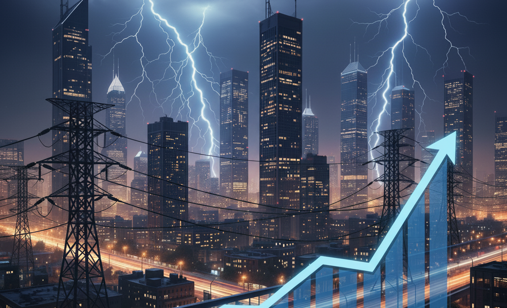 City skyline with lightning bolts, power lines, and a rising blue financial graph.