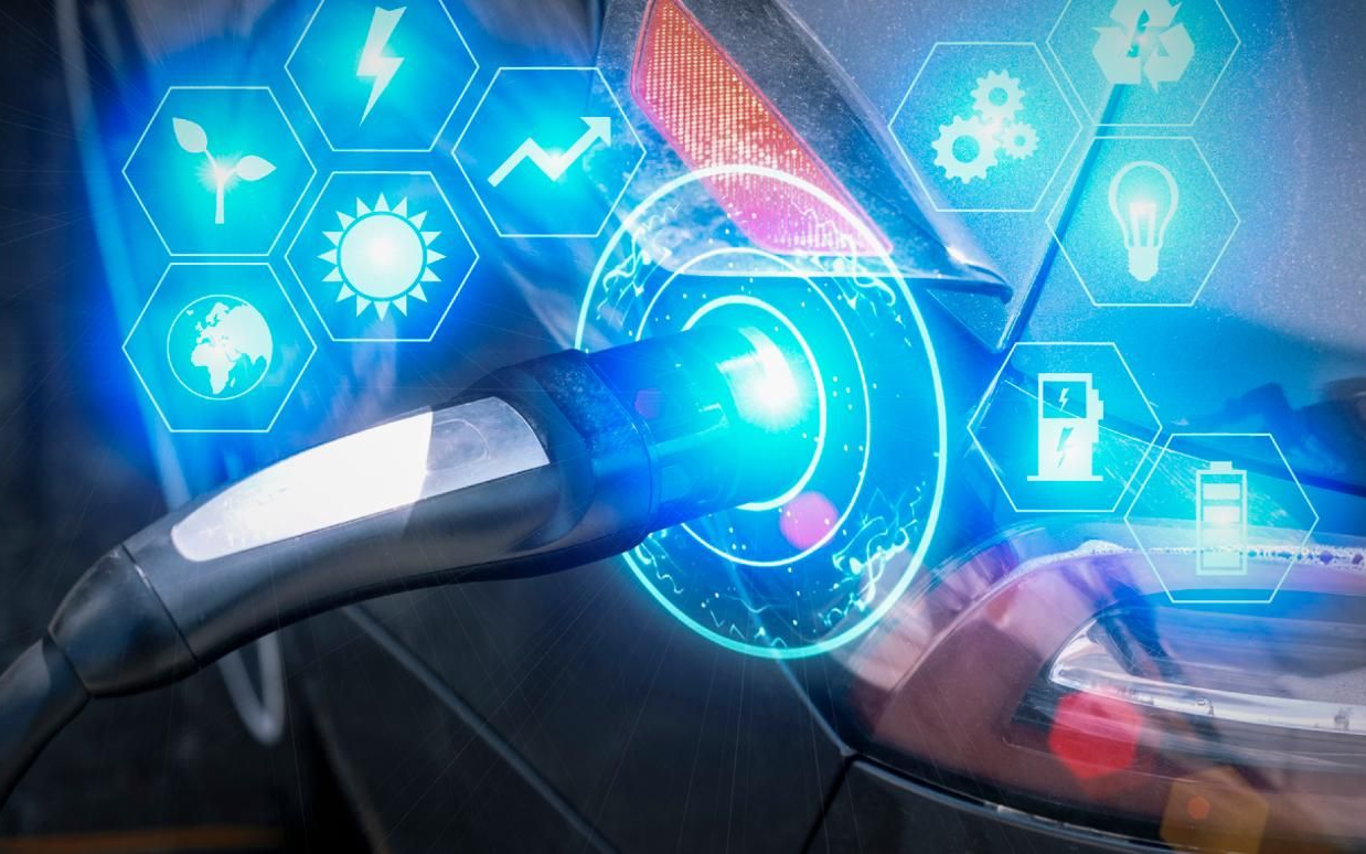 Electric vehicle charging with glowing blue digital icons, illustrating renewable energy concepts.