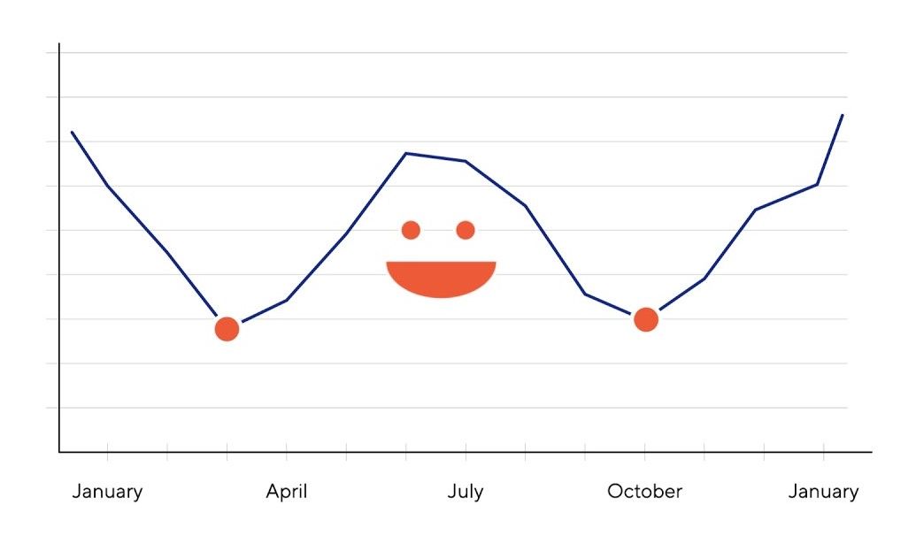 Line graph with smiley face, showing fluctuations of a value over a year, with dips in April and October.